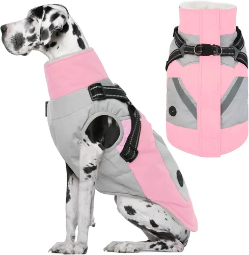 Miniatura 12 de IECOii Chaqueta para perro con arnés de invierno integrado, color negro, XXXL, abrigo de perro con cremallera, ropa de invierno para perros grandes
