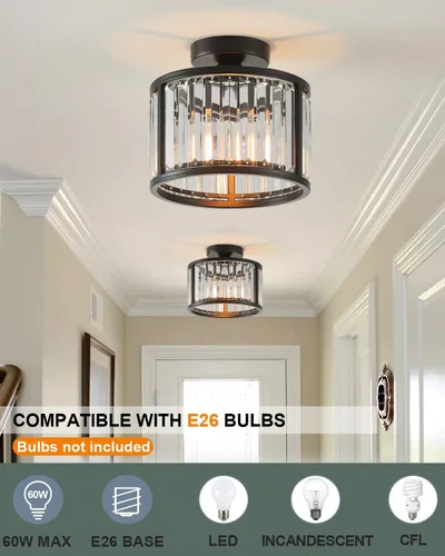 Miniatura 2 de Lámpara de techo negra empotrada, lámpara de cristal enjaulada de 2 luces, lámpara de pasillo de tambor pequeño, montaje de techo