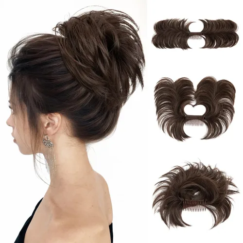 Miniatura 13 de Postizo de Cabello de Moño Despeinado con Peine Lateral Clip en Postizo de Moño para Mujeres Corto Natural Liso Versátil Estilos Ajustables Piezas