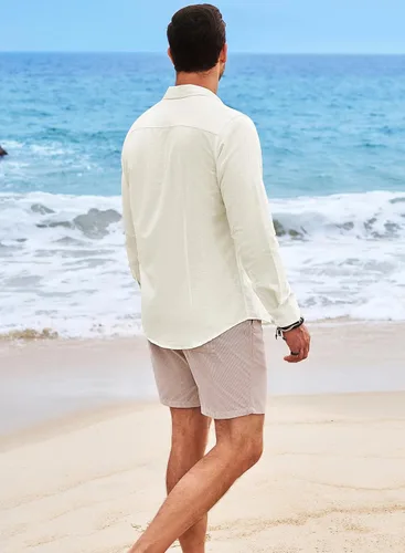 Miniatura 4 de JMIERR Camisas de lino para hombre, camisas casuales de playa de manga larga con botones
