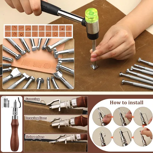 Miniatura 4 de QMNNMA 102PCS Herramientas de trabajo de cuero Kit de artesanía de cuero con bolsa de almacenamiento personalizada, herramientas de estampado