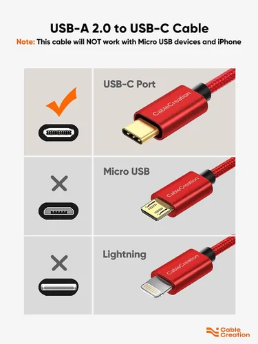 Miniatura 3 de CableCreation - Paquete de 2 cables USB A a USB C de 0.5 pies, carga rápida de 3A y sincronización de datos de 480 Mbps, rojo, compatible