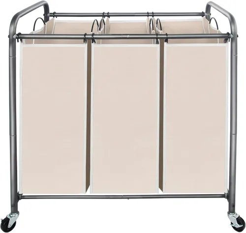STO STO Organizador de ropa sucia de 3 secciones, cesta de ropa con 3 bolsas, cesta de lavandería con ruedas resistentes y bolsa extraíble para Beige
