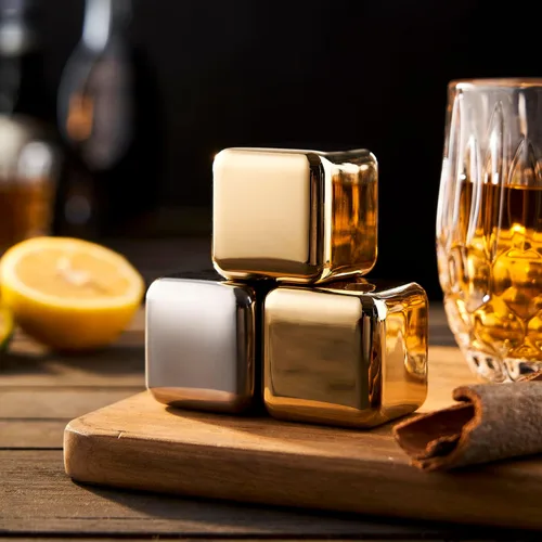 Miniatura 5 de 4 piedras grandes para whisky de 64 cm³ (4 pulg³) - Juego para regalo de hombre - Cubos esféricos de hielo de acero inoxidable reutilizables para 4