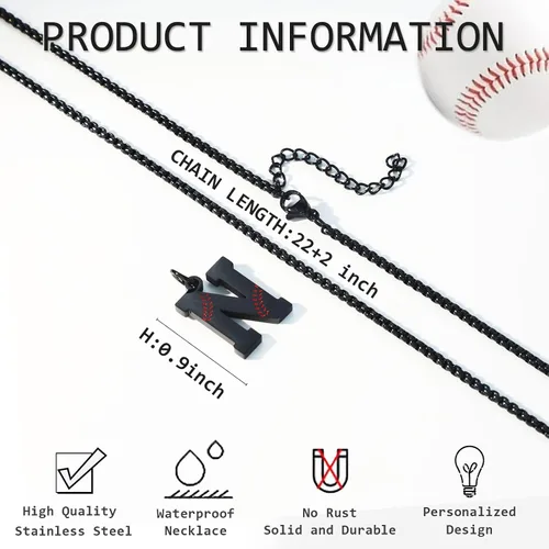 Miniatura 3 de Susook Collar con inicial de béisbol para niños, dije de letra A-Z, cadena de acero inoxidable de 22 + 2 pulgadas, regalo de béisbol personalizado