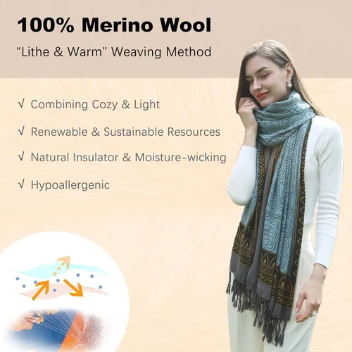 Miniatura 219 de DANA XU Manta de pashmina extragrande 100% de lana merina, bufanda de viaje, bufanda de cachemira para mujer, otoño e invierno, chal de gran