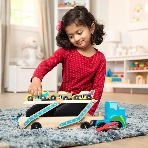 Miniatura 7 de Melissa & Doug Mega Race-Car Carrier - Tractor y remolque de madera con 6 coches de carrera únicos