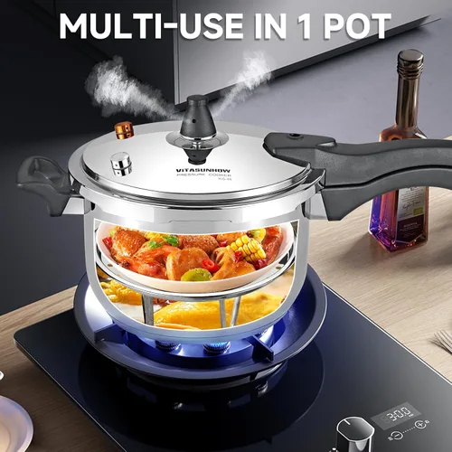 Miniatura 4 de Olla a presión de acero inoxidable con cesta de vapor, cocción más rápida y liberación de presión de seguridad (11 litros)