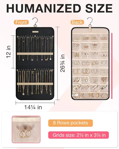 Miniatura 5 de BAGSMART Organizador de joyas colgante con rollo de almacenamiento y ganchos metálicos de doble cara para aretes, collares, anillos en armario, Negro