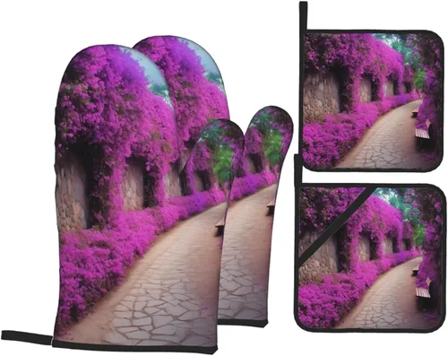 Juego de guantes de horno y soportes para ollas con estampado floral morado, guantes de horno resistentes al calor y almohadillas calientes para
