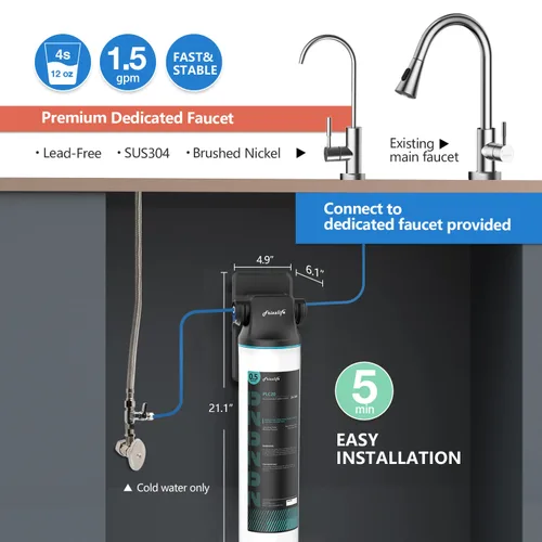 Miniatura 3 de Frizzlife SW20F - Sistema de filtro de agua para debajo del fregadero con grifo de níquel cepillado, certificado NSF/ANSI 53 y 42, reduce el 99.99%