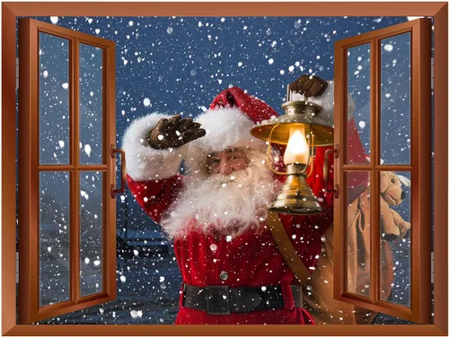 Miniatura 2 de wall26 Adhesivo de pared extraíble/mural de pared – Papá Noel llevando regalos fuera de la ventana en Nochebuena, vista creativa de ventana