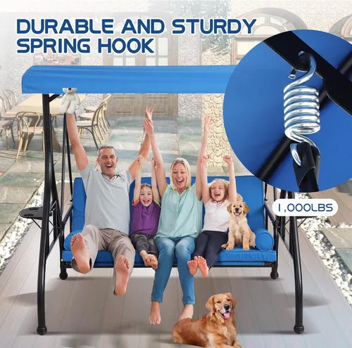 Miniatura 8 de Columpio de porche al aire libre de 3 asientos con toldo ajustable, cama convertible con soporte, planeador de patio con cojín, almohada y soporte