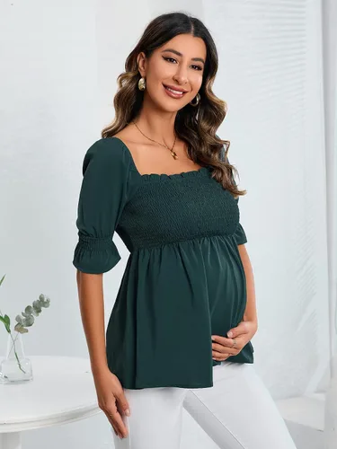 Miniatura 4 de WDIRARA Blusa de maternidad de manga corta con volantes y dobladillo fruncido para mujer