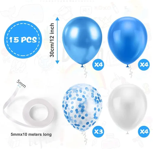 Miniatura 2 de Ainiv 15 globos de fiesta gruesos azules con cinta y confeti, globos metálicos de látex para baby showers, bodas, graduaciones y cumpleaños