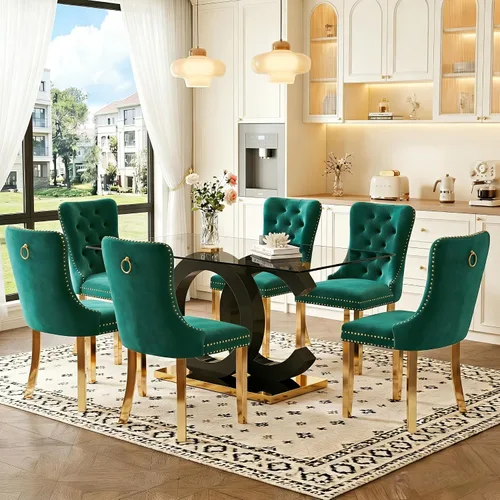 Miniatura 13 de Juego de mesa de comedor de cristal de 63 pulgadas para 6, juego de mesa de comedor moderno para 6, mesa de vidrio templado con patas negras