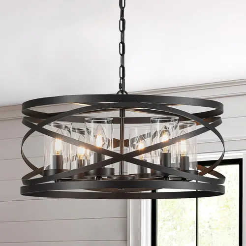 Miniatura 12 de Lámpara colgante de tambor de granja de 4 luces, 12.6 pulgadas, textura de madera natural, candelabros rústicos vintage, lámparas colgantes 12.6in-4