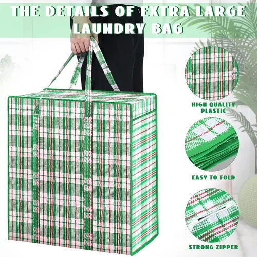 Miniatura 3 de Hoolerry 8 bolsas grandes de plástico para lavandería con cremallera de 82.5 L, bolsa de mudanza a cuadros resistente con asas para empacar ropa
