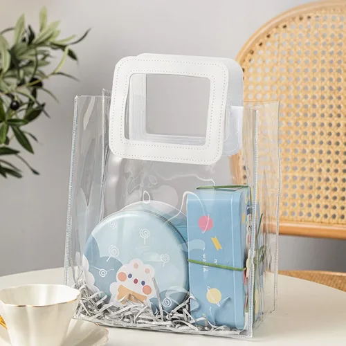 Miniatura 6 de Zwish 6 bolsas de regalo transparentes con asa de 8.5 x 8.1 x 4.1 pulgadas, bolsas de regalo transparentes a granel para recuerdos de fiesta, boda