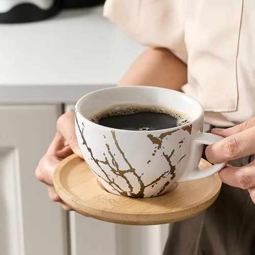 Miniatura 7 de LUKA Juego de 4 tazas de café expreso Demitasse de cerámica con platillos y soporte de metal, tazas de capuchino apilables de porcelana de 8 onzas