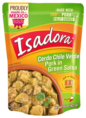 Isadora Chile Verde de cerdo totalmente cocido, bolsa de 15 onzas, comida mexicana auténtica lista para comer, cerdo en salsa verde, calor medio,