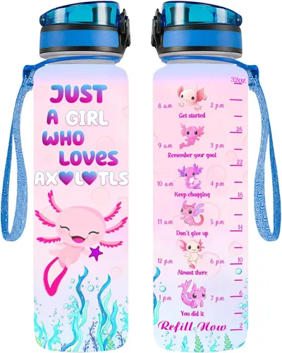 34HD Axolotl - Botella de agua de 32 onzas, bonita botella motivacional para mujer, botella de gimnasio con marcador de tiempo, regalo de