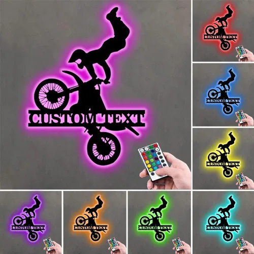 Miniatura 10 de Arte de pared de metal personalizado para motocross con luz LED, luz nocturna personalizada con nombre de motocross, decoración de lámpara de neón