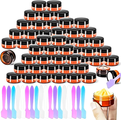 Miniatura 7 de Paquete de 50 de 10 g pequeños contenedores de cosméticos de plástico con tapas, frascos de maquillaje de 10 gramos de color ámbar con espátulas