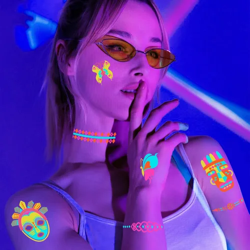 Miniatura 5 de 201 tatuajes que brillan en la oscuridad para suministros de fiesta, tatuajes temporales que brillan bajo luz negra UV neón para niños, adolescentes