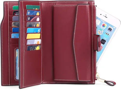 Miniatura 2 de SENDEFN Carteras de cuero para mujer, con bloqueo RFID, tarjetero con bolsillo con cremallera, rojo (3-red), Cartera de gran capacidad