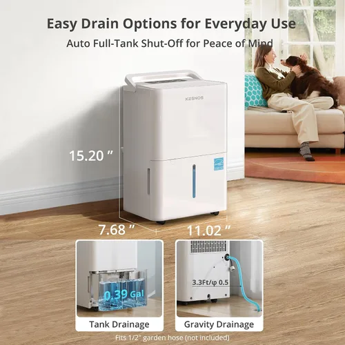 Miniatura 7 de Kesnos Deshumidificador Energy Star 2025 de 30 pintas para espacios de hasta 2500 pies cuadrados, deshumidificador silencioso para el hogar
