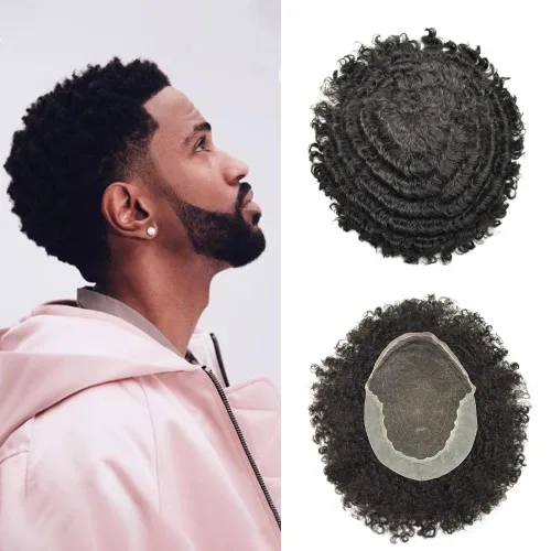 Miniatura 11 de Afro Toupee para hombres negros, encaje frontal brasileño humano brasileño para hombre, sistema de reemplazo de tupé, cabello rizado afro