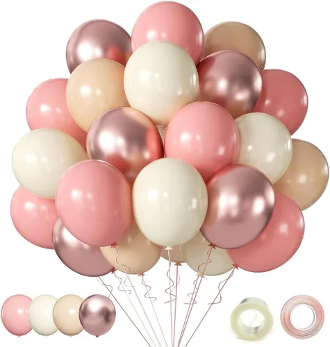 Globos de látex retro rosa rubor, 60 globos de látex rosa polvoriento metálico cromado rosa rosa dorado beige rubor diseñados para celebraciones de