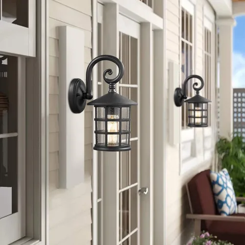 Miniatura 2 de Emliviar XE222B-2PK BK - Luces de pared exteriores para casa, vidrio sembrado en acabado negro, paquete de 2