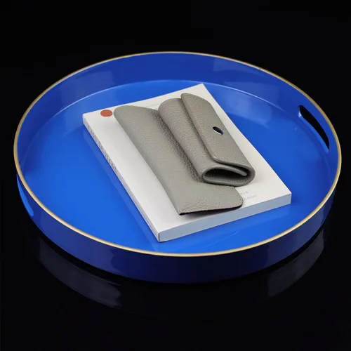 Miniatura 5 de Bandeja decorativa redonda azul con asas, bandeja de servir elegante de 13" para mesa de café, estilo otomano para sala de estar, baño, exteriores