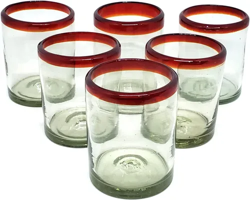 Vasos de 10 onzas con borde rojo rubí (juego de 6), vidrio reciclado, sin plomo, sin toxinas (mezclador)
