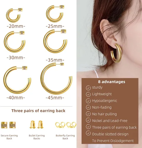 Miniatura 2 de iLovey 14K Gold Hoop Earrings for Women, Lightweight Open Chunky Silver Gold Hoops, 20MM30MM35MM40MM Small Medium Large Thick Chunky Hoops
