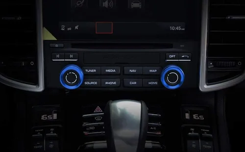 Miniatura 6 de iJDMTOY 2 cubiertas de anillo de aluminio deportivo azul con control de clima y radio para girador de volumen de radio compatibles con Porsche 2014