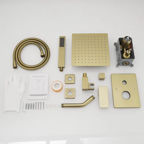 Miniatura 7 de Sistema de ducha de oro cepillado de 8 pulgadas, mezclador de lluvia de lujo, conjunto combinado de ducha montado en la pared y sistema de mano