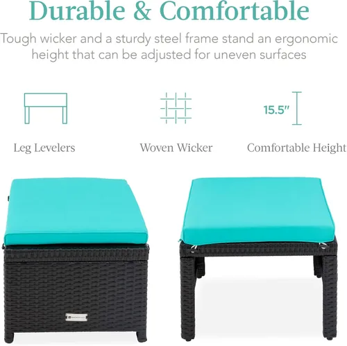 Miniatura 3 de Best Choice Products Juego de 2 otomanas de mimbre, muebles de exterior multiusos para patio, patio trasero, asientos adicionales, reposapiés, mesa