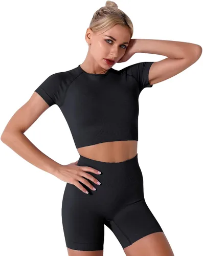 Miniatura 2 de Conjuntos de 2 piezas sin costuras para yoga y entrenamiento - con ombliguera de manga corta y pantalones cortos de tiro alto para correr