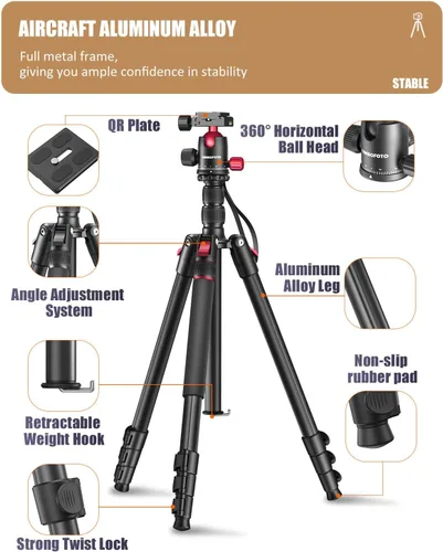 Miniatura 6 de CAMBOFOTO Trípode Profesional para Cámara DSLR de 80", Cabeza Esférica SLR Trípode de Fotografía de Aluminio y Monopie con Bolsa de Transporte
