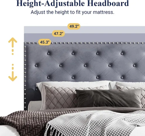 Miniatura 3 de Allewie Base de cama tapizada de terciopelo tamaño King con botón de diamante ajustable y cabecera con ribete de clavos, soporte de listones de Gris