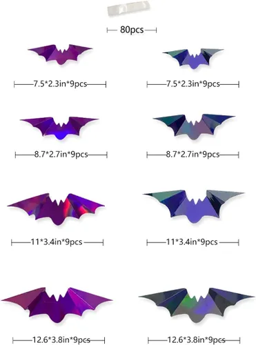 Miniatura 2 de 72 piezas de murciélagos para decoración de Halloween, murciélagos iridiscentes 3D, decoración de pared, papel holográfico negro y morado