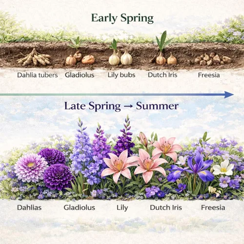 Miniatura 7 de WeGarden - 32 bulbos de flores mixtas para plantar en primavera, dalia, gladiolo, lirio, iris holandés y fresia Colección de bulbos de fácil