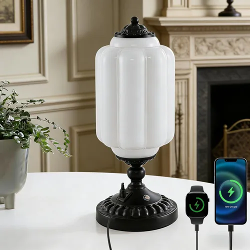 Miniatura 10 de Lámpara de mesa táctil de vidrio de leche, cristal de jadeíta verde de mediados de siglo, moderna lámpara de mesita de noche, 3 puertos USB C + A