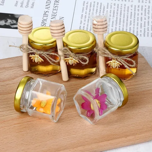 Miniatura 7 de XING-RUIYANG Mini tarros hexagonales de miel de 1.5 onzas, paquete de 30 tarros de miel con tapa dorada, colgantes de abeja, yutes, perfectos