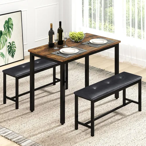 Rovibek Juego de mesa de comedor para 4, mesa de cocina moderna que ahorra espacio con 2 bancos tapizados y pies ajustables, mesa de desayuno de