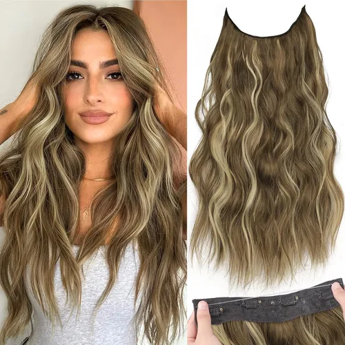 Miniatura 101 de KooKaStyle - Extensiones de cabello con hilo invisible, diadema transparente, ajustables, 4 clips fijadores, cabello largo y ondulado de 12
