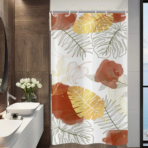 Miniatura 24 de Cortina de ducha bohemia y chic, cortina de baño moderna con hojas tropicales abstractas y ramas botánicas doradas, para decoración del hogar, tela